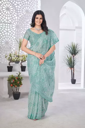 Teal net embroidered thread work heavy look ethnic saree with blouse