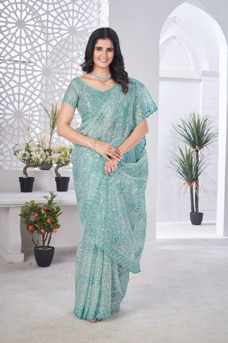 Teal net embroidered thread work heavy look ethnic saree with blouse