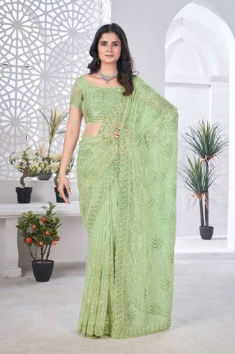 Green net embroidered thread work heavy look ethnic saree with blouse