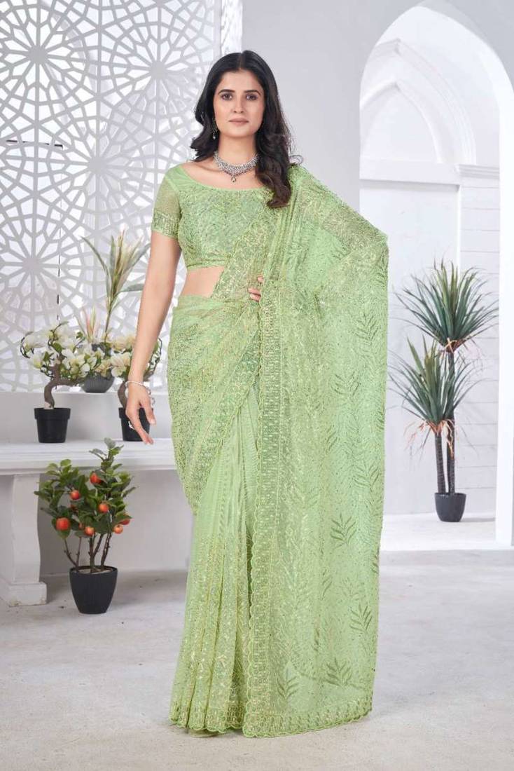 Green net embroidered thread work heavy look ethnic saree with blouse