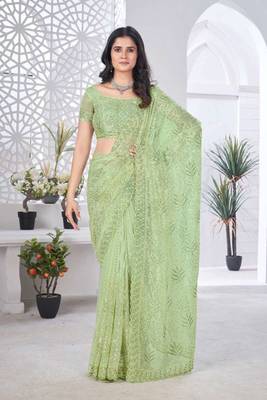 Green net embroidered thread work heavy look ethnic saree with blouse 1