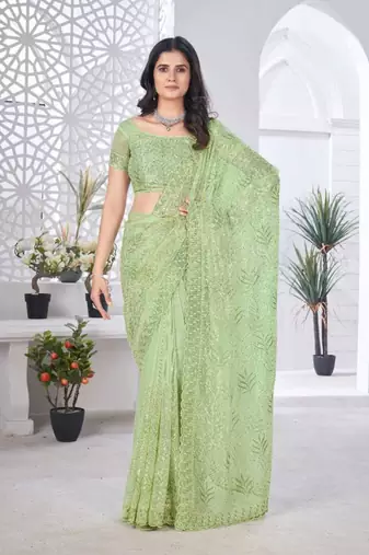 Green net embroidered thread work heavy look ethnic saree with blouse
