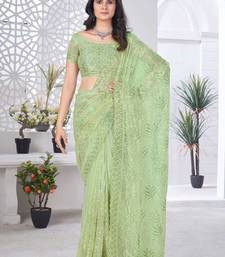 Green net embroidered thread work heavy look ethnic saree with blouse
