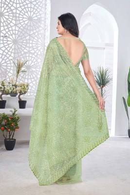Green net embroidered thread work heavy look ethnic saree with blouse 2