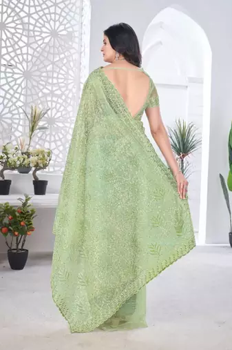 Green net embroidered thread work heavy look ethnic saree with blouse