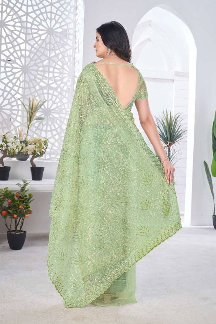 Green net embroidered thread work heavy look ethnic saree with blouse