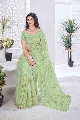 Green net embroidered thread work heavy look ethnic saree with blouse 4