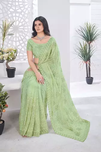 Green net embroidered thread work heavy look ethnic saree with blouse