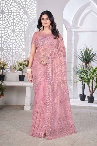 Pink net embroidered thread work heavy look ethnic saree with blouse