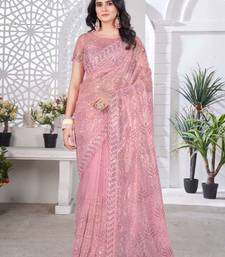 Pink net embroidered thread work heavy look ethnic saree with blouse
