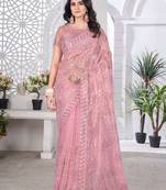 Pink net embroidered thread work heavy look ethnic saree with blouse
