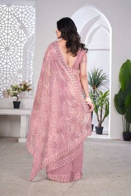 Pink net embroidered thread work heavy look ethnic saree with blouse 2