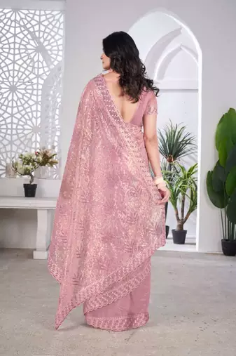 Pink net embroidered thread work heavy look ethnic saree with blouse