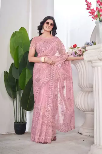 Pink net embroidered thread work heavy look ethnic saree with blouse