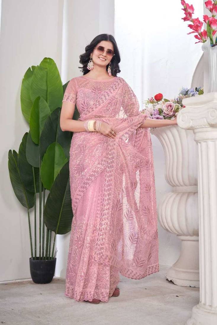 Pink net embroidered thread work heavy look ethnic saree with blouse