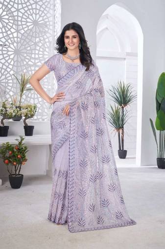 Lavender net embroidered thread work heavy look ethnic saree with blouse