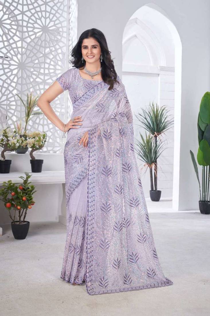 Lavender net embroidered thread work heavy look ethnic saree with blouse