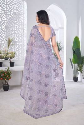 Lavender net embroidered thread work heavy look ethnic saree with blouse 2