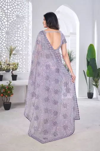 Lavender net embroidered thread work heavy look ethnic saree with blouse