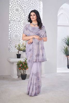 Lavender net embroidered thread work heavy look ethnic saree with blouse 4