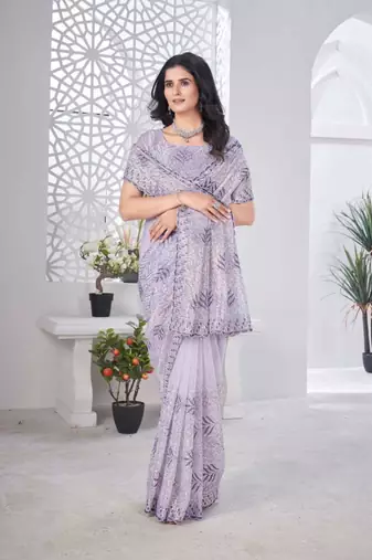 Lavender net embroidered thread work heavy look ethnic saree with blouse