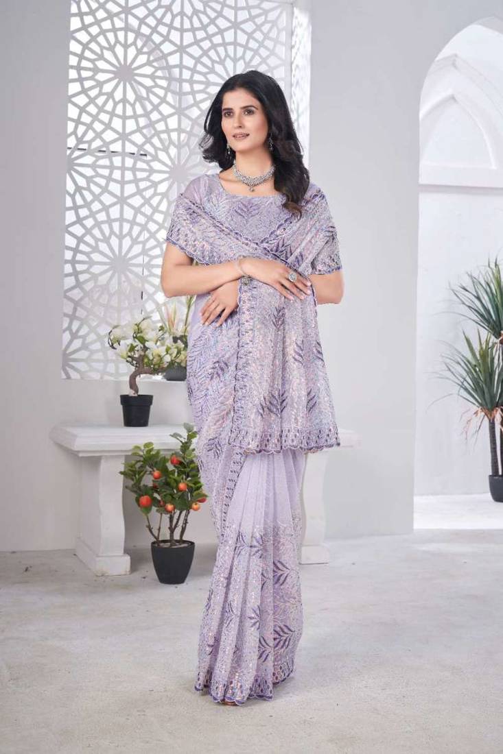 Lavender net embroidered thread work heavy look ethnic saree with blouse