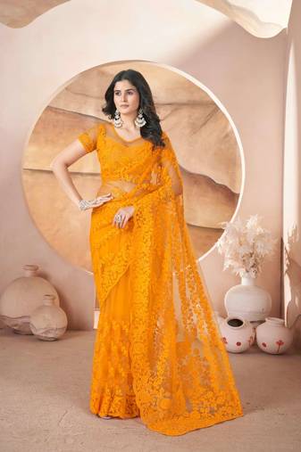 Yellow net embroidered aari work heavy look ethnic saree with blouse