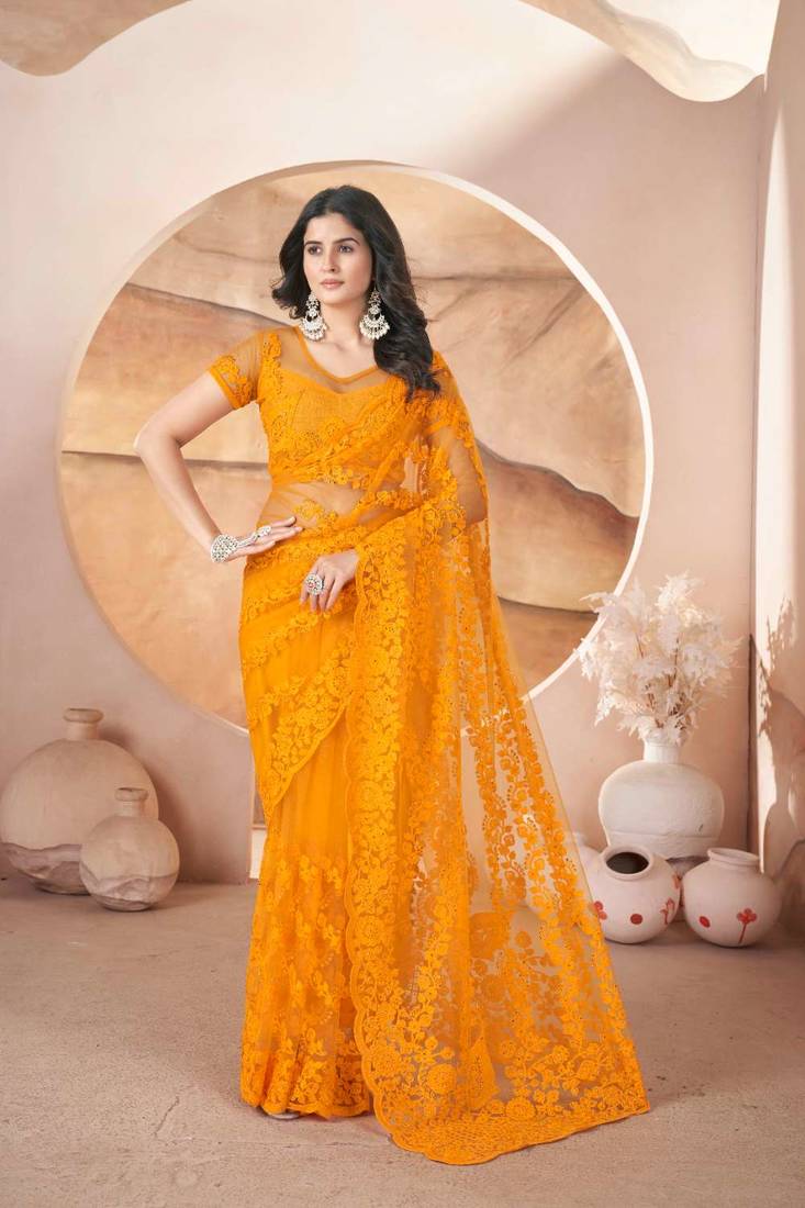 Yellow net embroidered aari work heavy look ethnic saree with blouse
