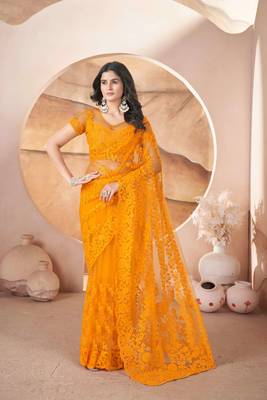 Yellow net embroidered aari work heavy look ethnic saree with blouse 1