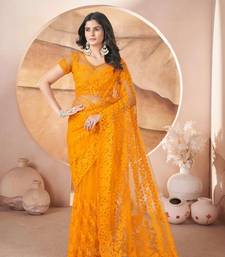 Yellow net embroidered aari work heavy look ethnic saree with blouse