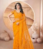Yellow net embroidered aari work heavy look ethnic saree with blouse