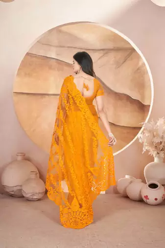 Yellow net embroidered aari work heavy look ethnic saree with blouse