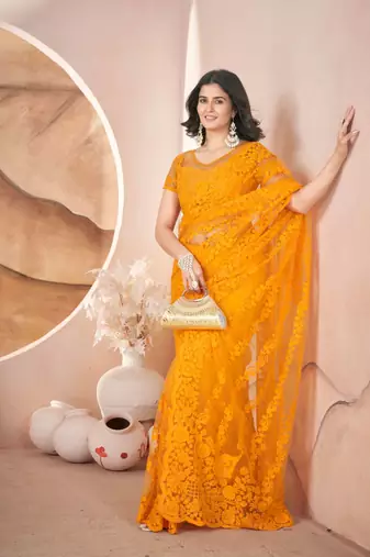 Yellow net embroidered aari work heavy look ethnic saree with blouse