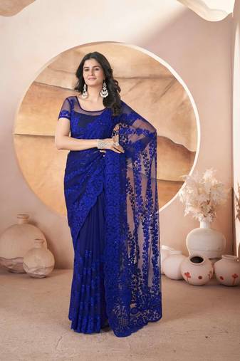 Royal blue net embroidered aari work heavy look ethnic saree with blouse