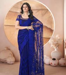 Royal blue net embroidered aari work heavy look ethnic saree with blouse