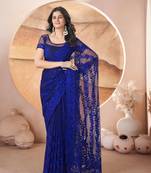 Royal blue net embroidered aari work heavy look ethnic saree with blouse