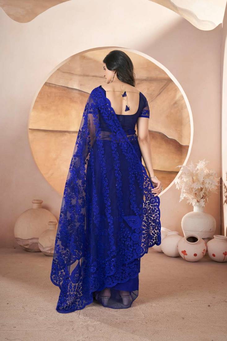 Royal blue net embroidered aari work heavy look ethnic saree with blouse