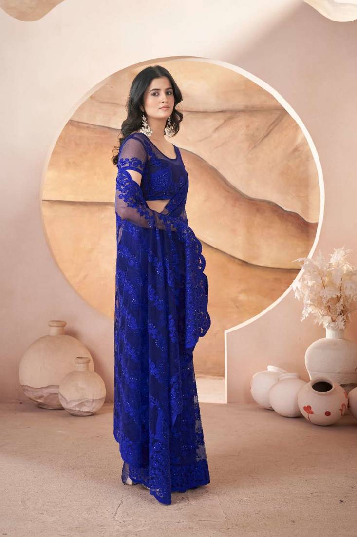 Royal blue net embroidered aari work heavy look ethnic saree with blouse