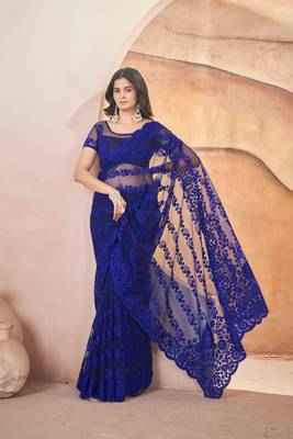Royal blue net embroidered aari work heavy look ethnic saree with blouse 4