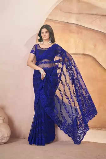 Royal blue net embroidered aari work heavy look ethnic saree with blouse