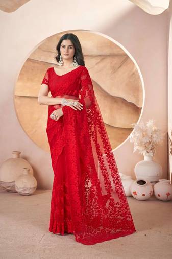 Red net embroidered aari work heavy look ethnic saree with blouse