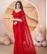 Red net embroidered aari work heavy look ethnic saree with blouse