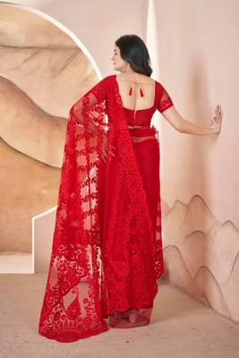 Red net embroidered aari work heavy look ethnic saree with blouse 2