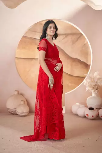Red net embroidered aari work heavy look ethnic saree with blouse