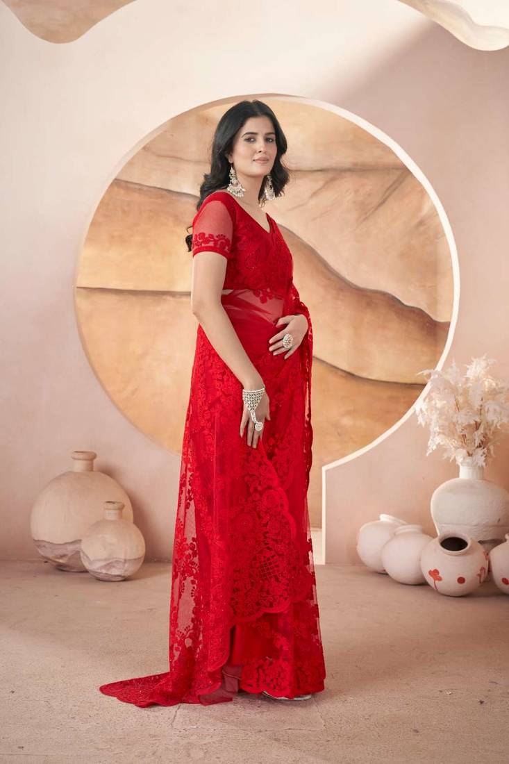 Red net embroidered aari work heavy look ethnic saree with blouse