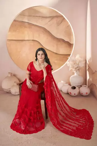 Red net embroidered aari work heavy look ethnic saree with blouse