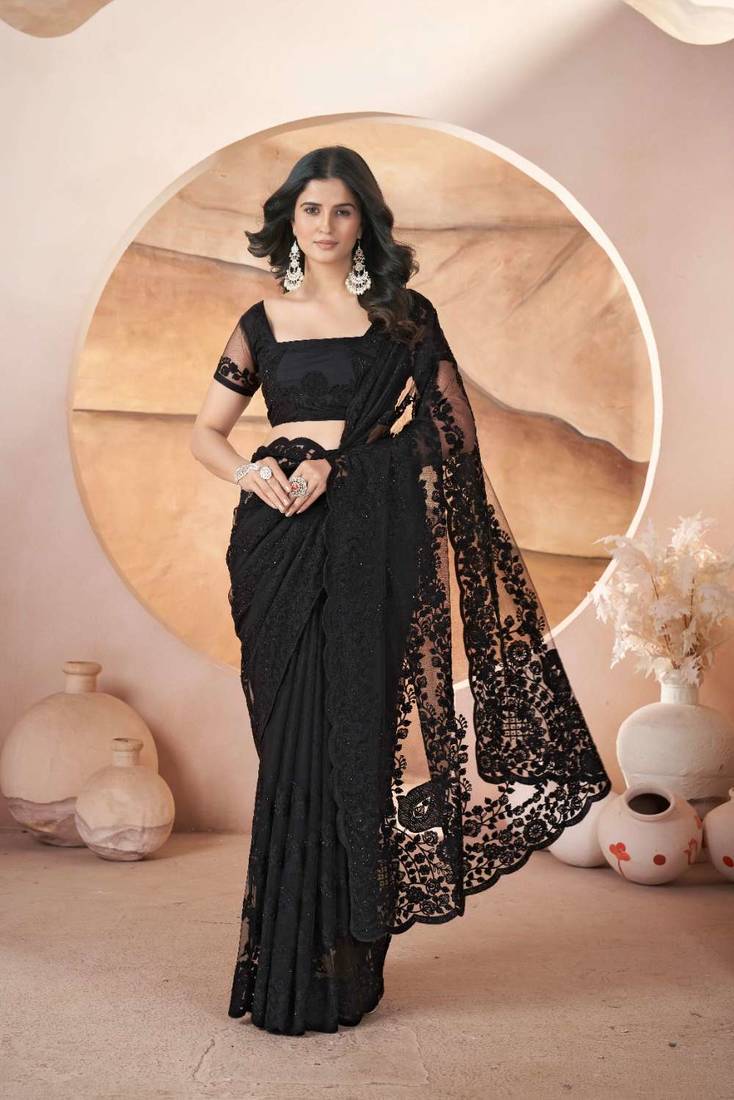 Black net embroidered aari work heavy look ethnic saree with blouse