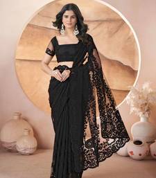 Black net embroidered aari work heavy look ethnic saree with blouse