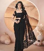 Black net embroidered aari work heavy look ethnic saree with blouse
