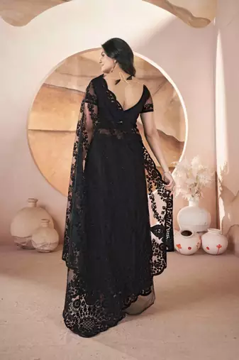 Black net embroidered aari work heavy look ethnic saree with blouse